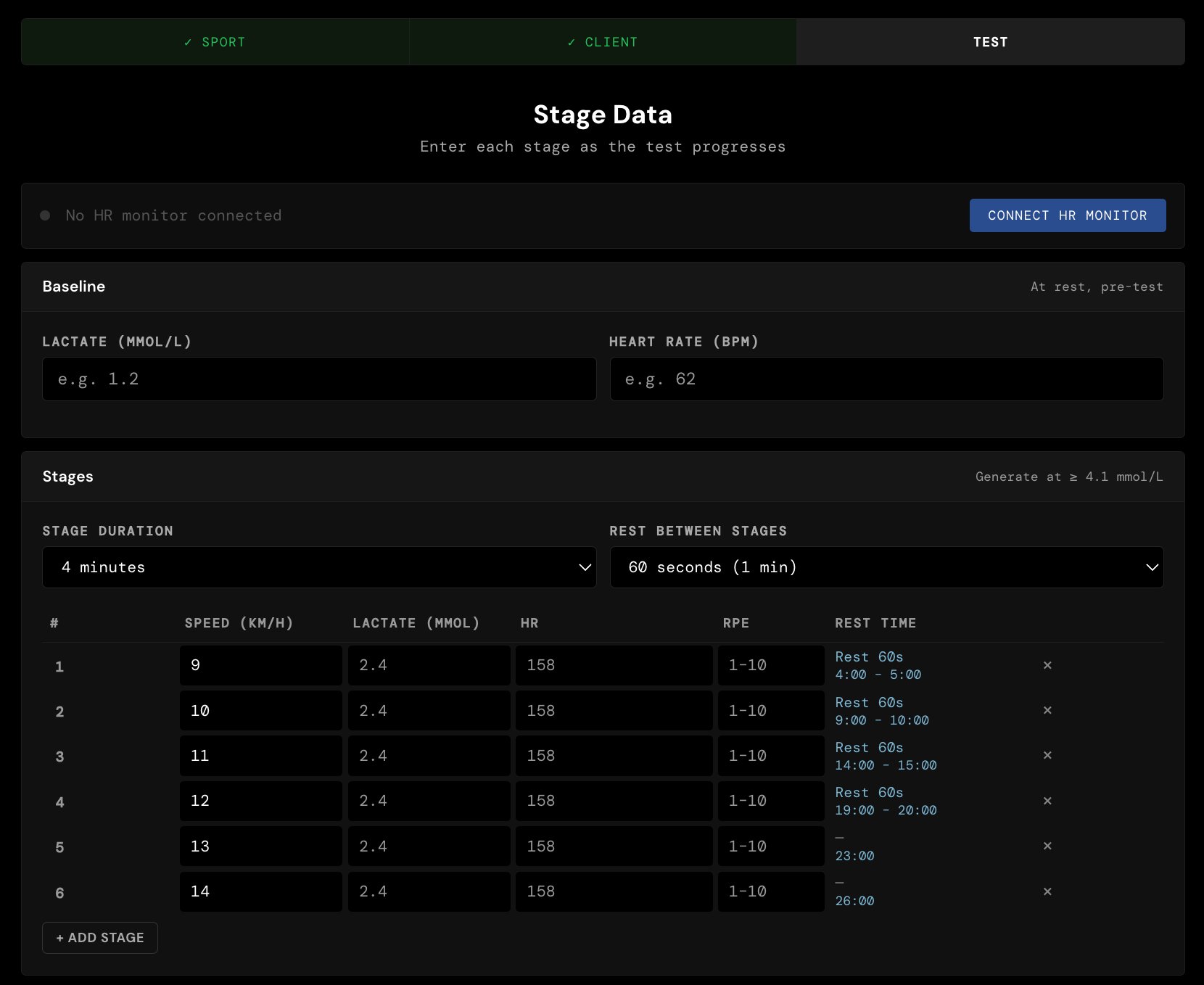 Stage data entry screen showing baseline readings and per-stage speed, lactate, heart rate and RPE